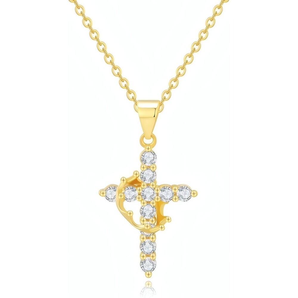 Gold Plated Cross Pendant Necklace with Cubic Zirconia Crown Accent for Women